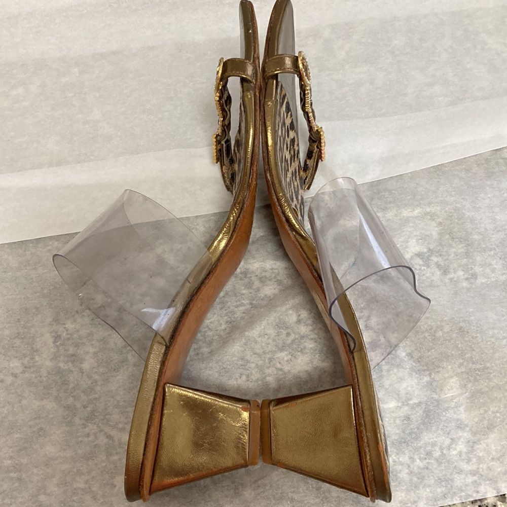 Beverly Feldman Sandals Metallic Gold with Rhinestone Strap/Clear PVC Strap. - Picture 6 of 8